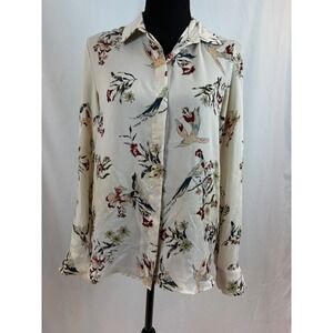 HM Cream Floral Bird Print Long Sleeve Button Down Blouse Size 2 O/N 329053